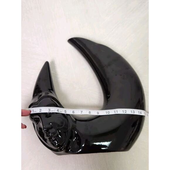 Vintage 80s Black Vase Black Ceramic Crescent Moon Shaped Vessel Pierrot Face - Picture 9 of 11